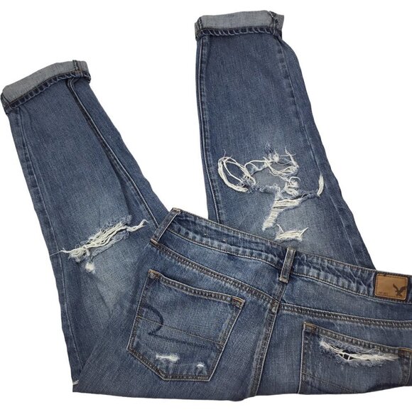 American Eagle Boy Crop Jeans Size 6 Regular Distressed Blue Denim Button Fly - Picture 4 of 8